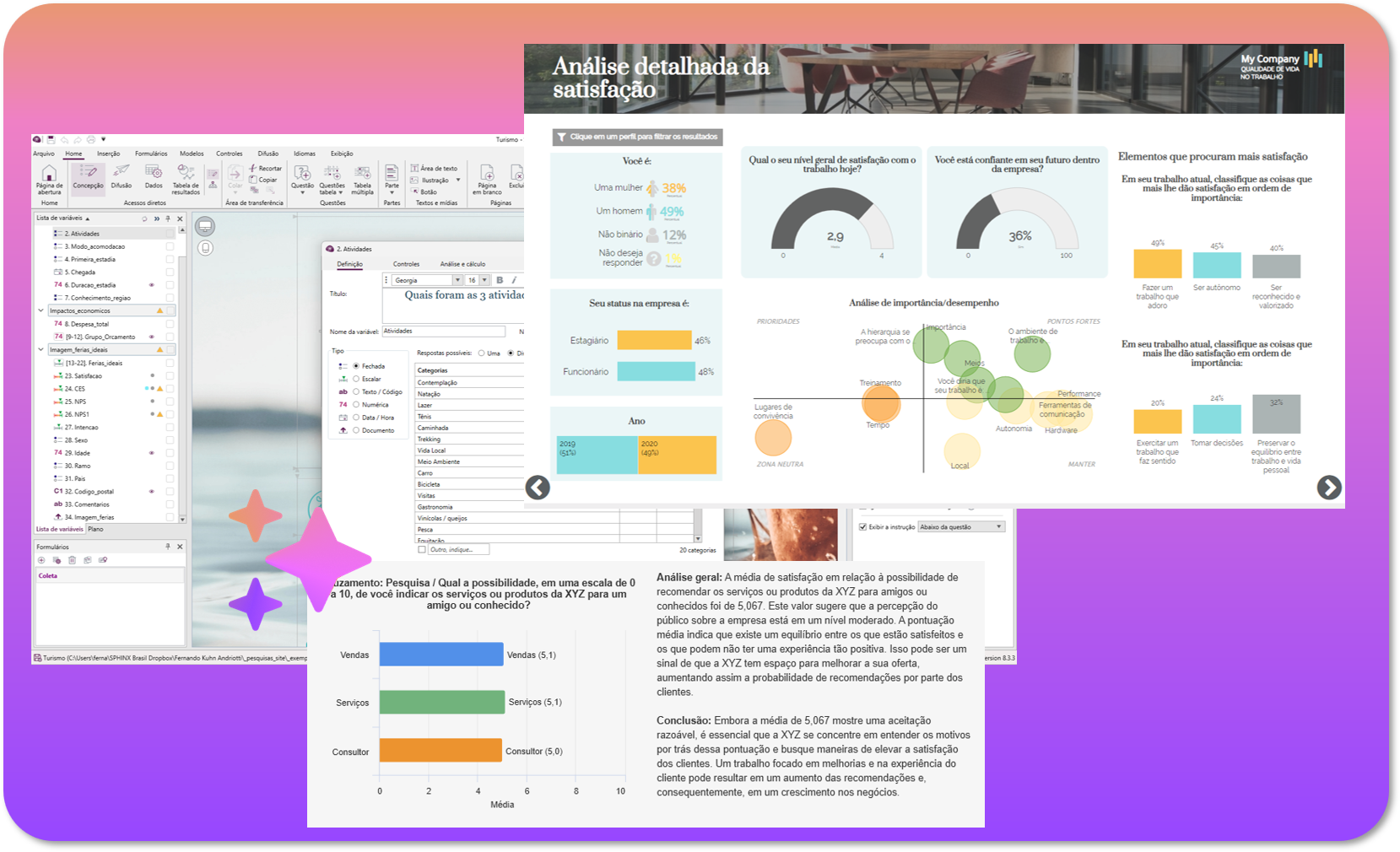 Capturas de tela de ferramentas de análise de dados, incluindo Excel e visualizações de dados com gráficos e tabelas.