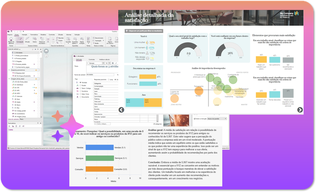 Capturas de tela de ferramentas de análise de dados, incluindo Excel e visualizações de dados com gráficos e tabelas.