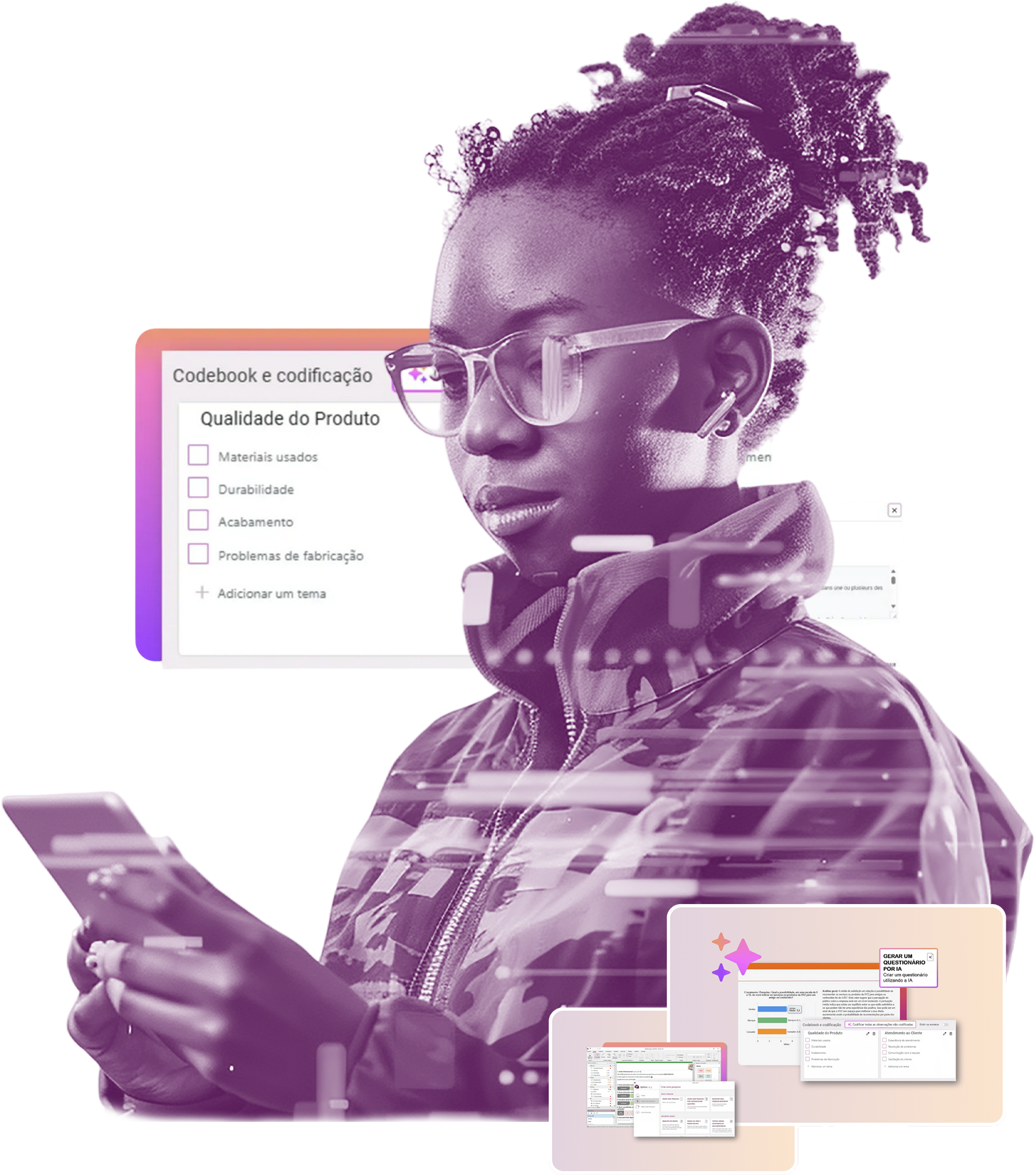 Mulher de óculos usando um telefone, olhando para um formulário, com gráficos digitais em tons de roxo.
