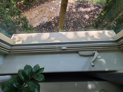 A plant is sitting on a window sill next to a window.