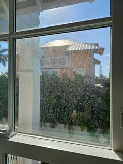 A large window with a view of a house and trees.