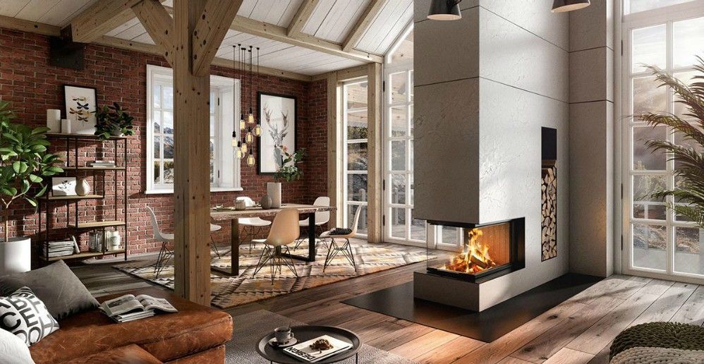 Cozy living room with brick wall, fireplace, dining area, exposed beams, and large windows.