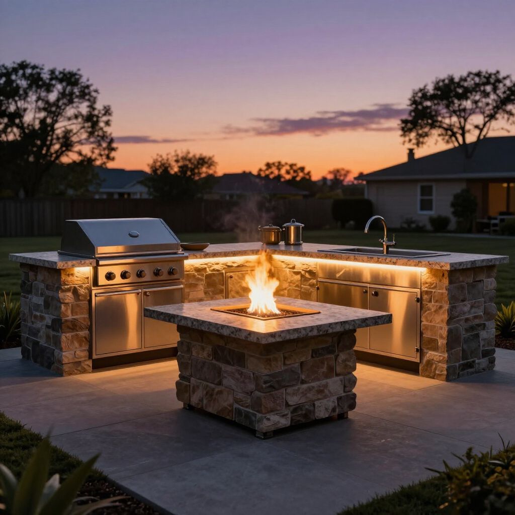 Outdoor kitchen with grill, sink, and fire pit lit at dusk. Stone and stainless steel.