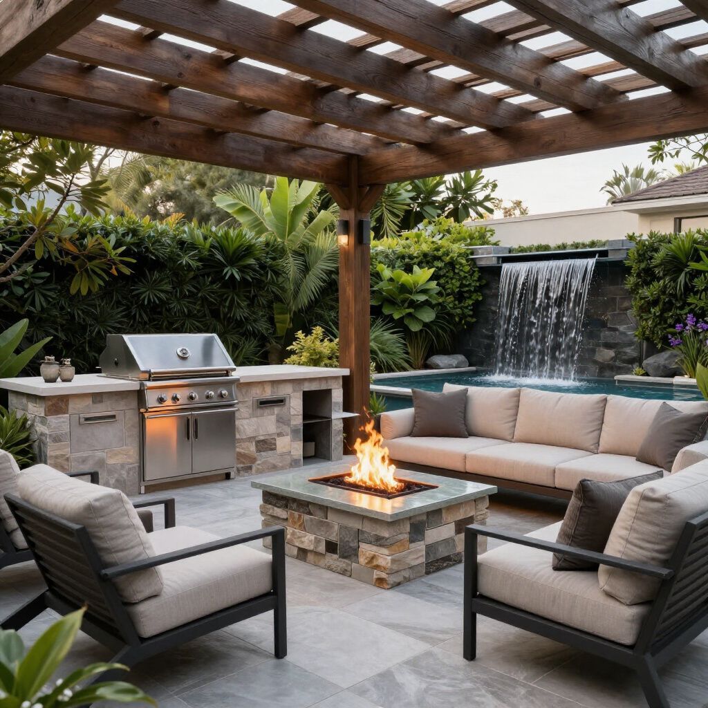 Outdoor patio with grill, fire pit, seating, and pool with waterfall.