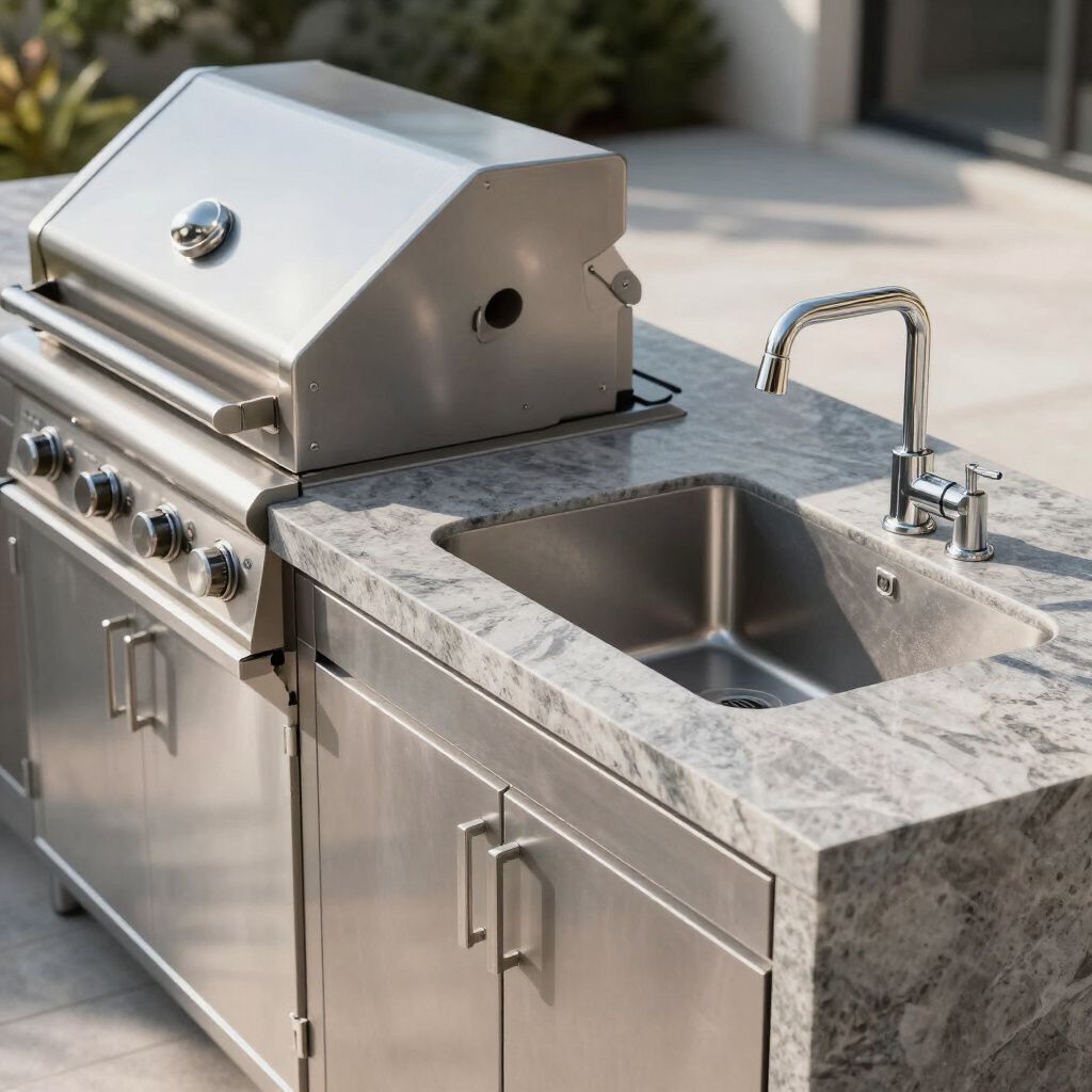 Outdoor stainless steel grill and sink unit with stone countertop.