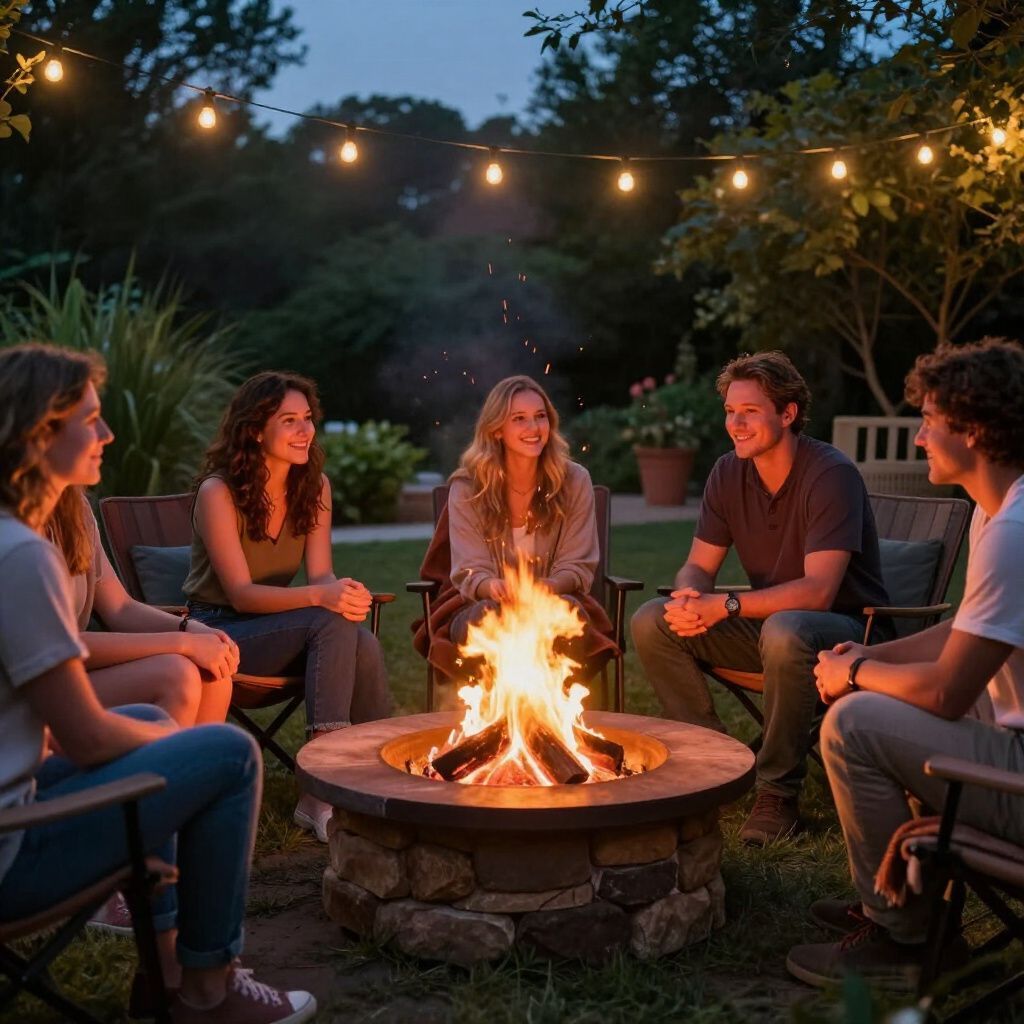 Friends sitting around a fire pit, talking and laughing outdoors under string lights at dusk.