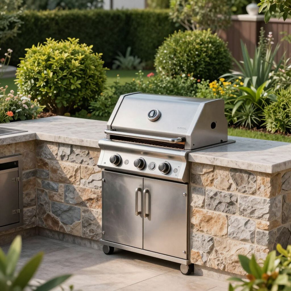 Stainless steel outdoor grill built into a stone wall in a garden setting.