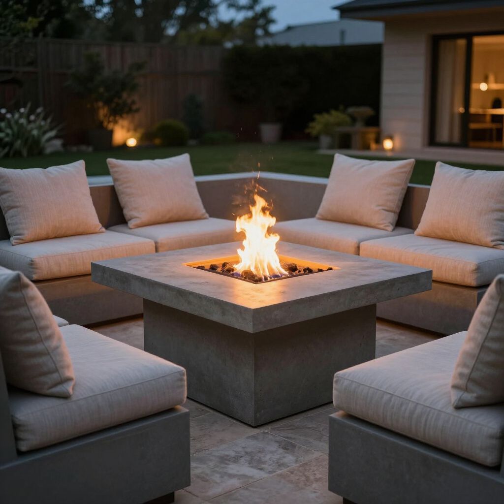 Outdoor seating area with lit fire pit and neutral cushions.