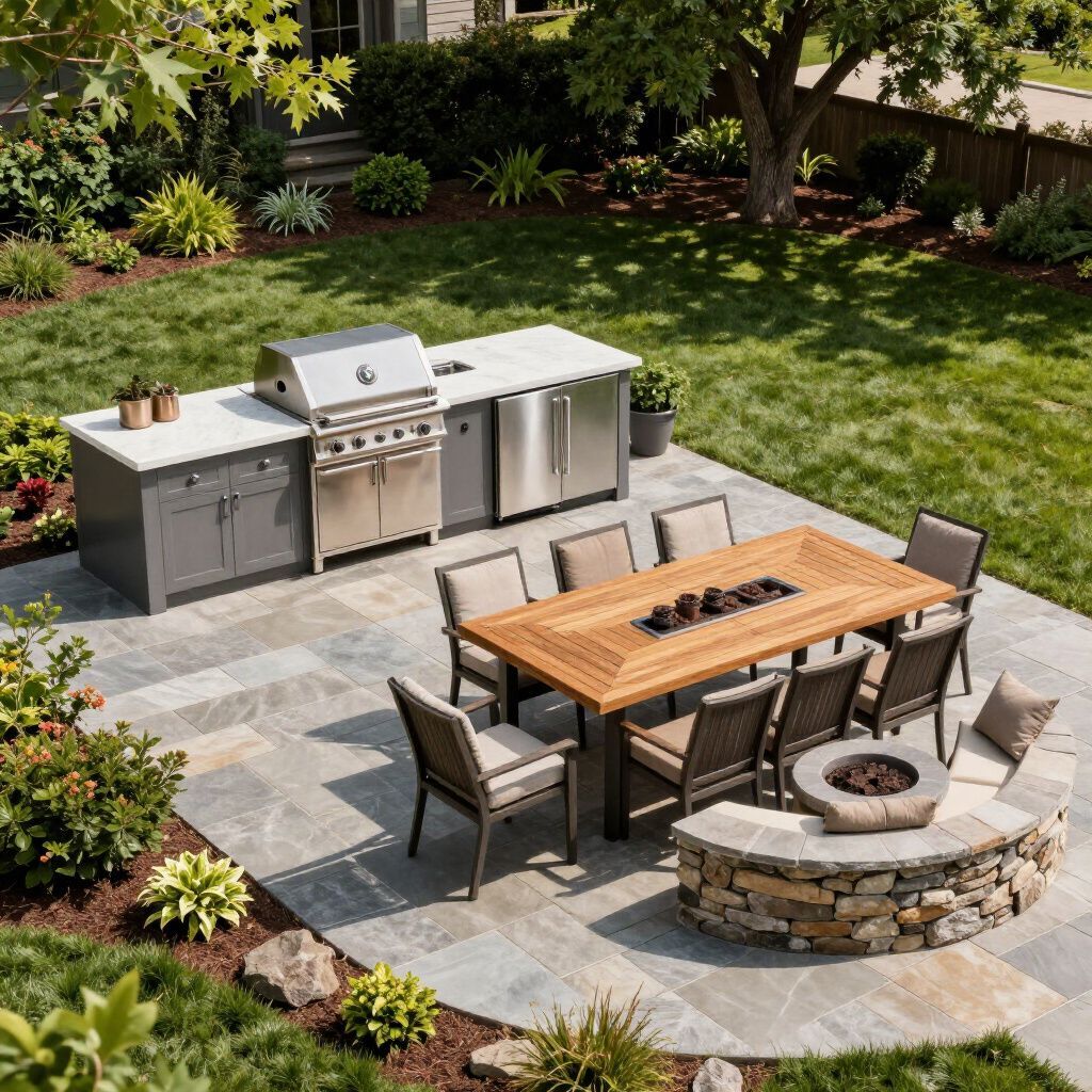 Outdoor kitchen with grill, fridge, dining table with fire pit, stone seating, on stone patio.
