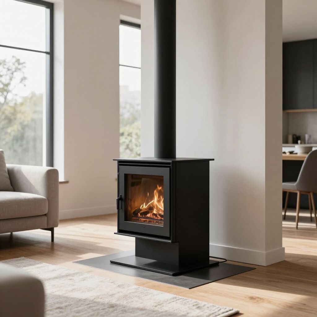 Black fireplace with burning fire, black chimney, on a slate-colored base in a modern, light-filled living room.