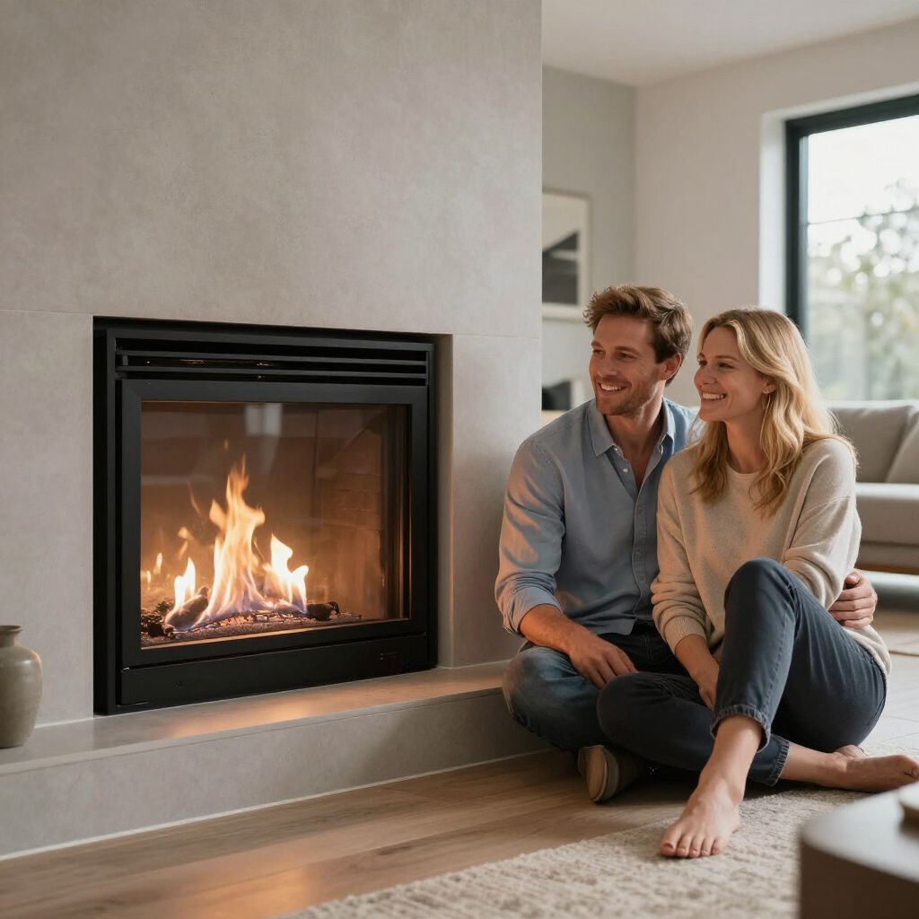 Couple sitting on floor in front of fireplace, looking at flames. Interior setting.