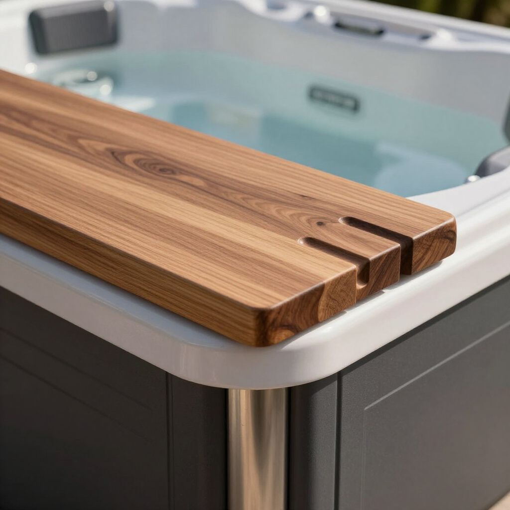 Wooden hot tub tray over a hot tub. Dark wood grain, gray and white accents.