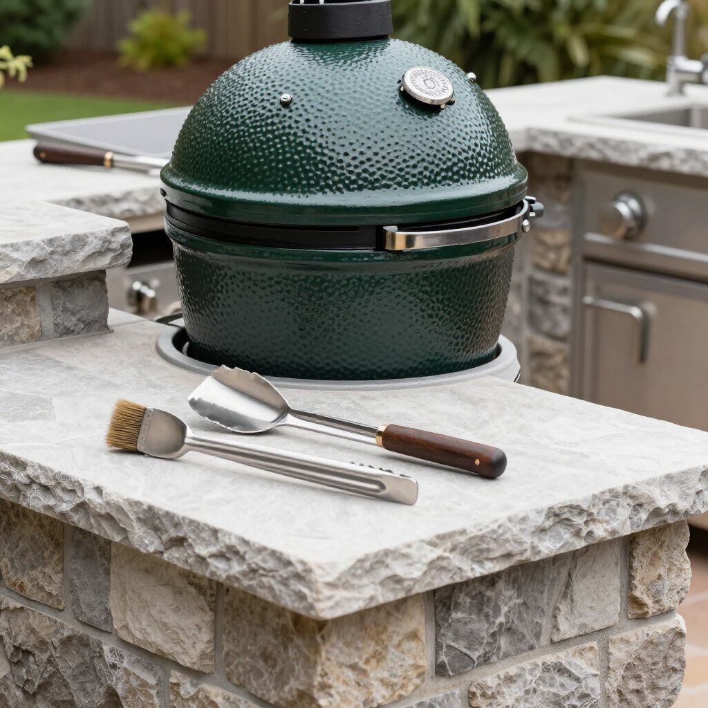 Green egg grill on a stone counter with utensils, set in an outdoor kitchen.