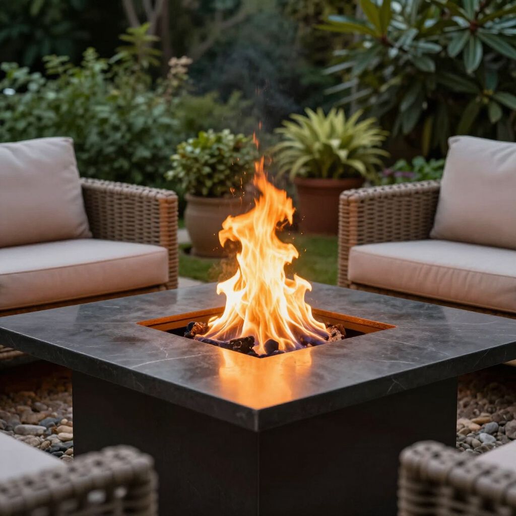 Fire pit table with flames, surrounded by outdoor seating in a garden setting.