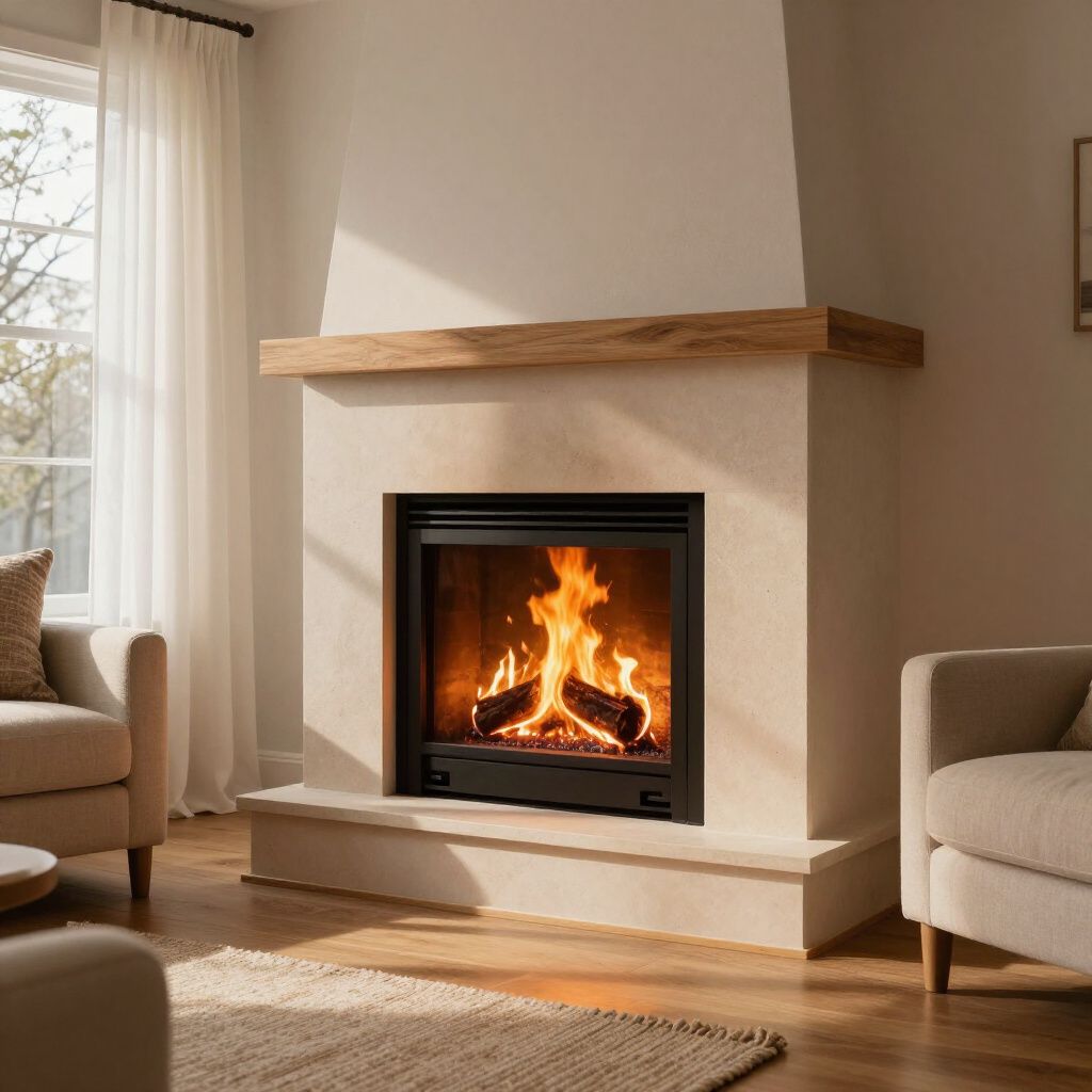 Fireplace with burning logs, flanked by cream-colored armchairs, sunlight streams in through a window with sheer curtains.