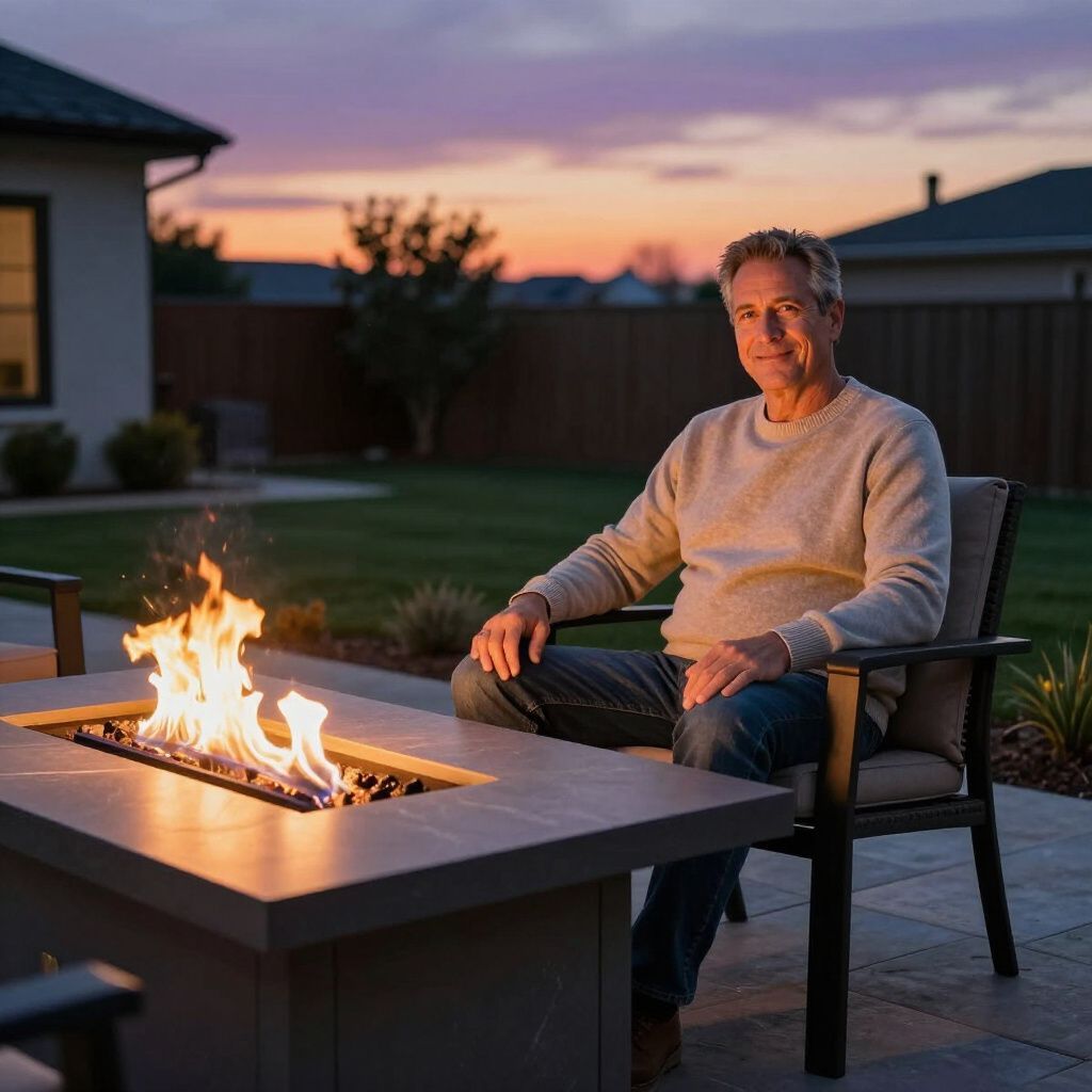 Man sitting by a fire pit on a patio at dusk, smiling, with a house and yard in the background.