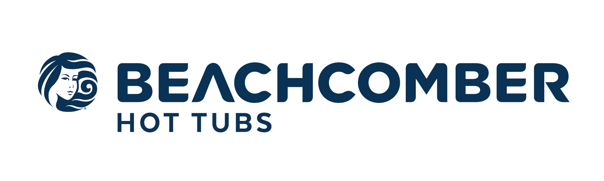 Beachcomber Hot Tubs logo: A navy blue font with a circular graphic of a woman’s face and stylized water.