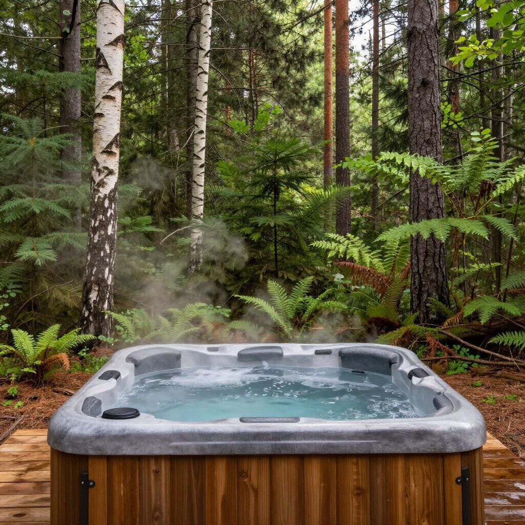 Hot tub in a forest setting; steam rises from the water.