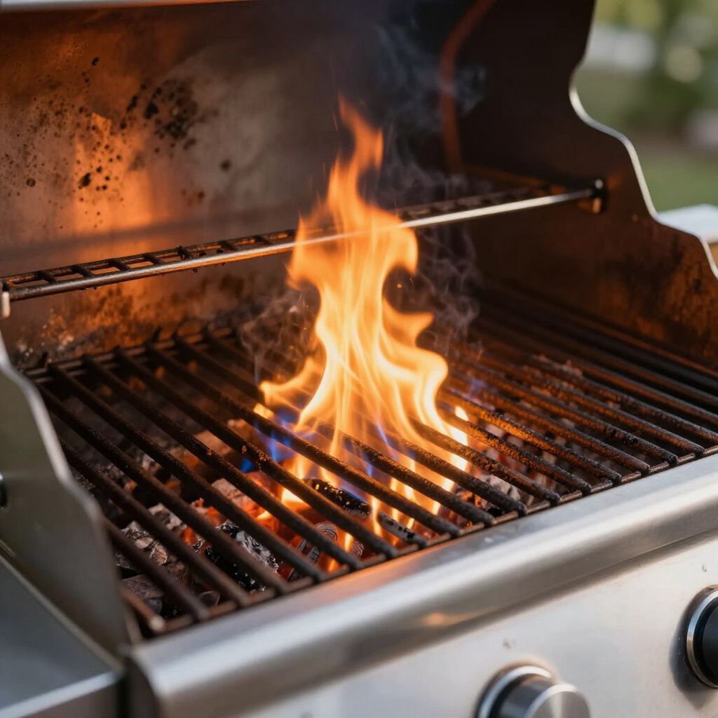 Close-up of a stainless steel grill with flames rising up from the grates.
