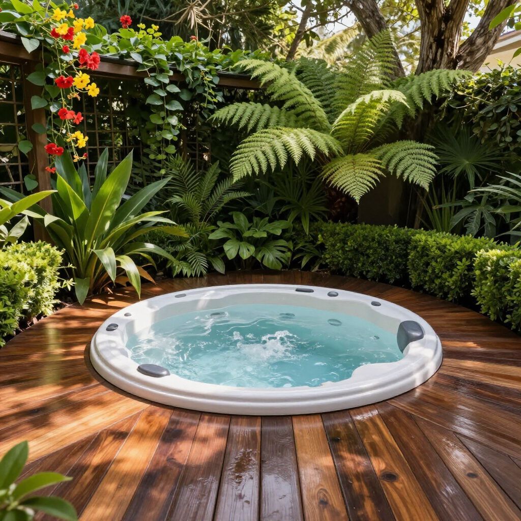 Round hot tub on wooden deck, surrounded by lush green plants and flowers.