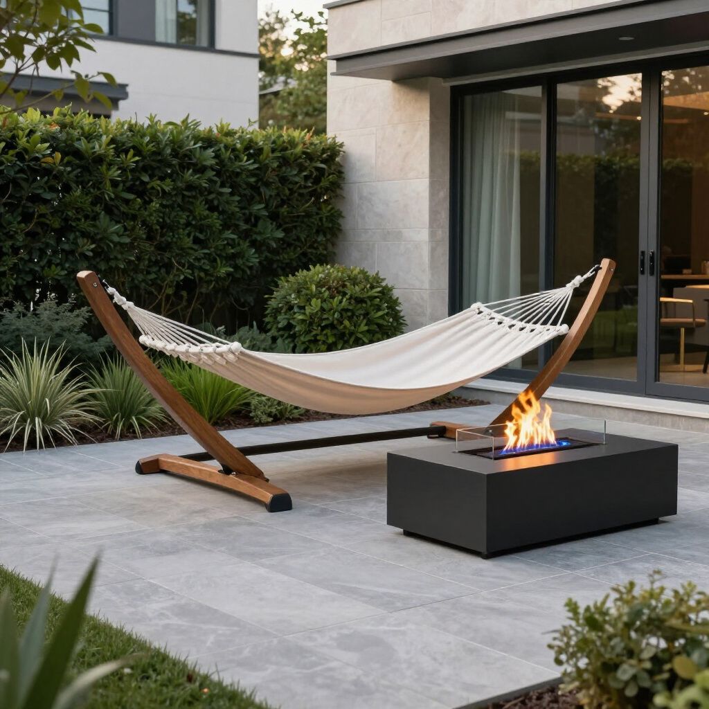 Outdoor scene with a hammock on wooden stand, fire pit, and greenery.