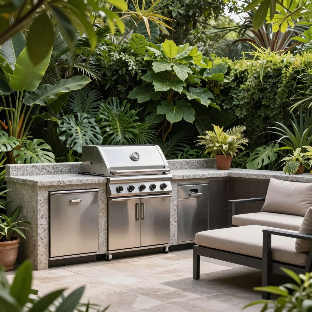 Outdoor kitchen with stainless steel grill, cabinets, and seating surrounded by lush green plants.