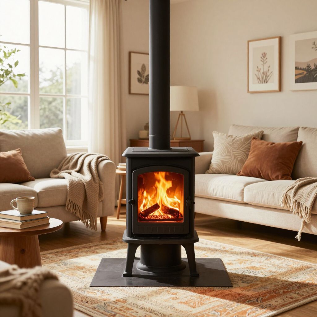 Cozy living room with burning stove, two sofas, window, rug, warm colors.