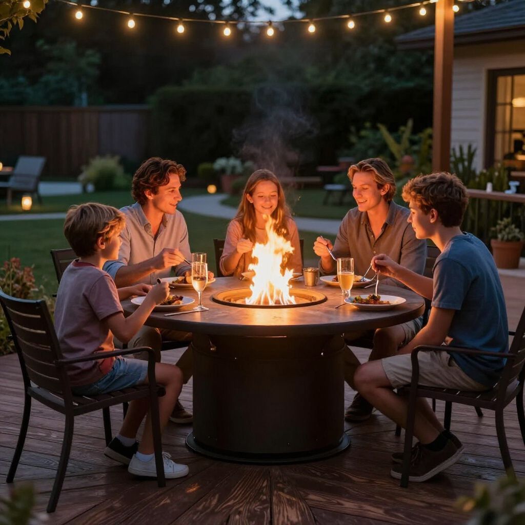 People seated around a fire pit table on a patio at dusk, illuminated by string lights.