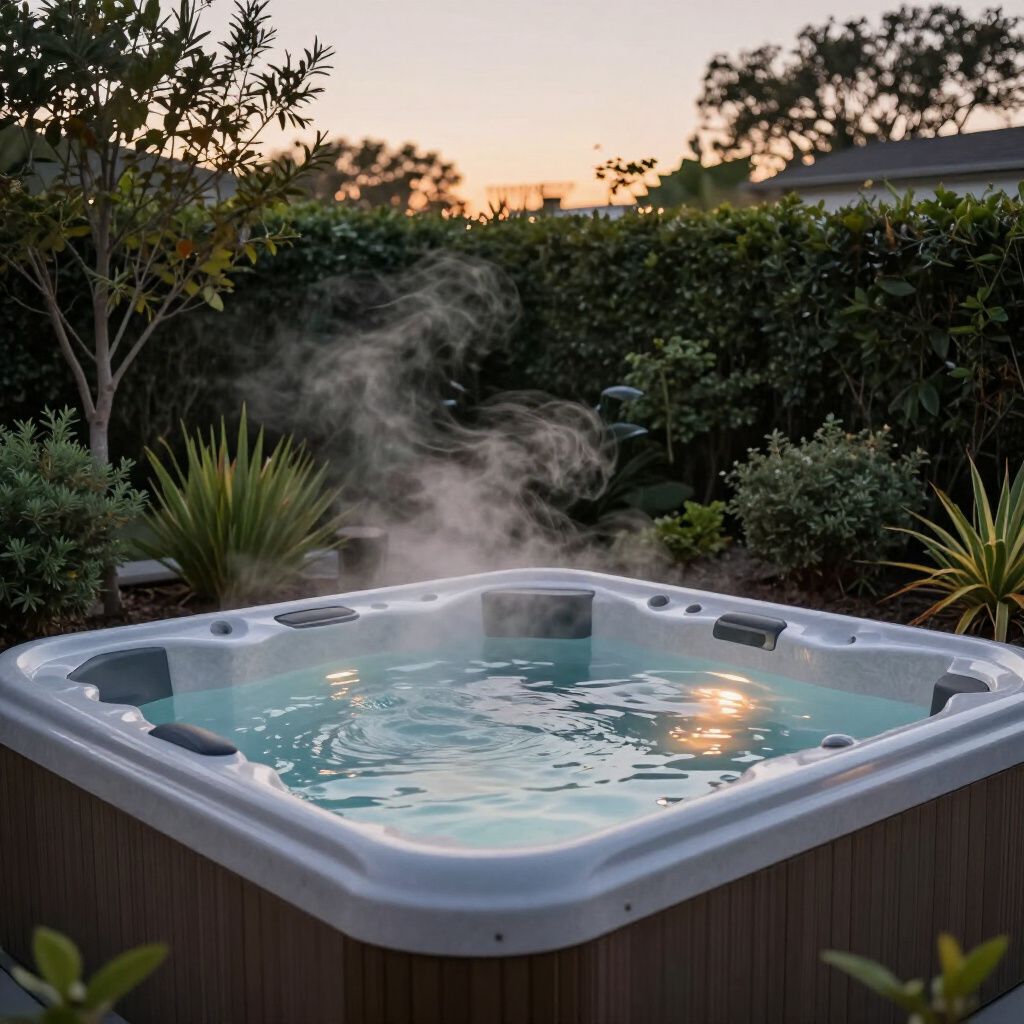 A steaming hot tub in a backyard garden at sunset.