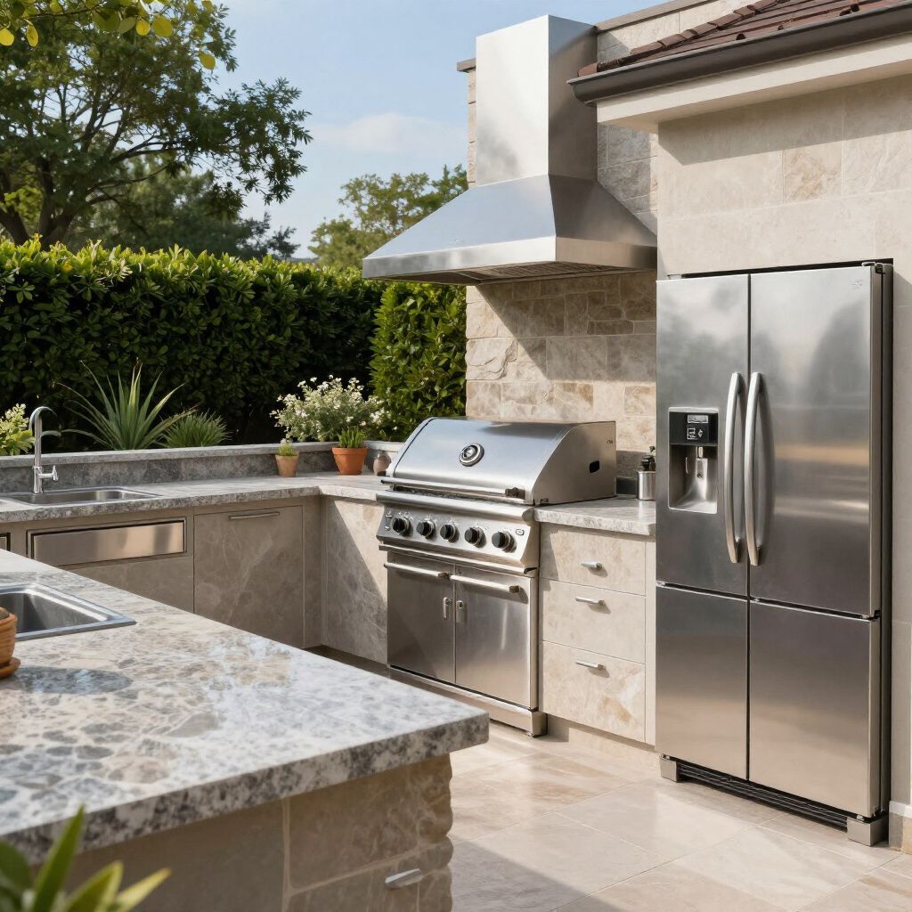 Outdoor kitchen with stainless steel appliances: refrigerator, grill, range hood, and sink. Granite countertops.