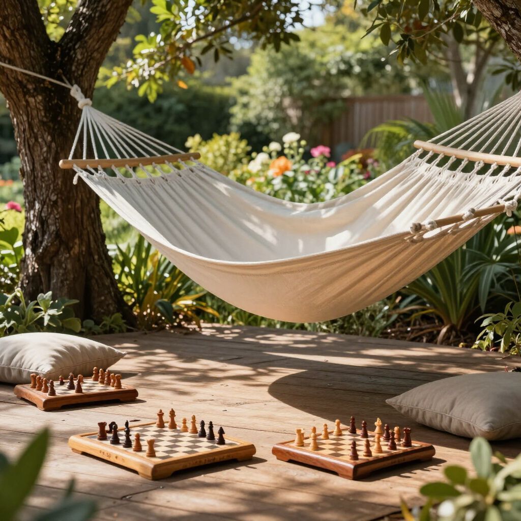 Hammock hanging from a tree, with three chessboards and pillows on a wooden deck in a garden.