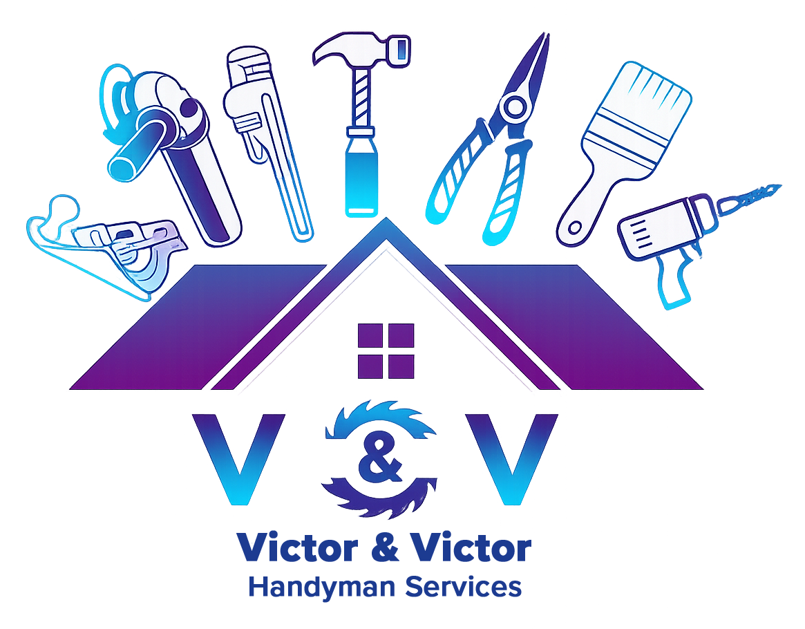 Logo for Victor & Victor Handyman Services, featuring a house roof, tool illustrations, and purple-to-blue gradient text.