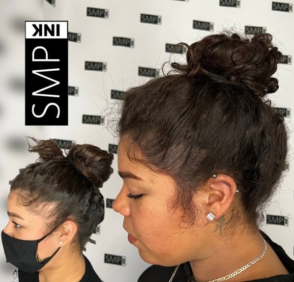 Before and after pics of woman using scalp micropigmentation SMP INKED Birmingham , Huntsville Mobile, Montgomery, Alabama