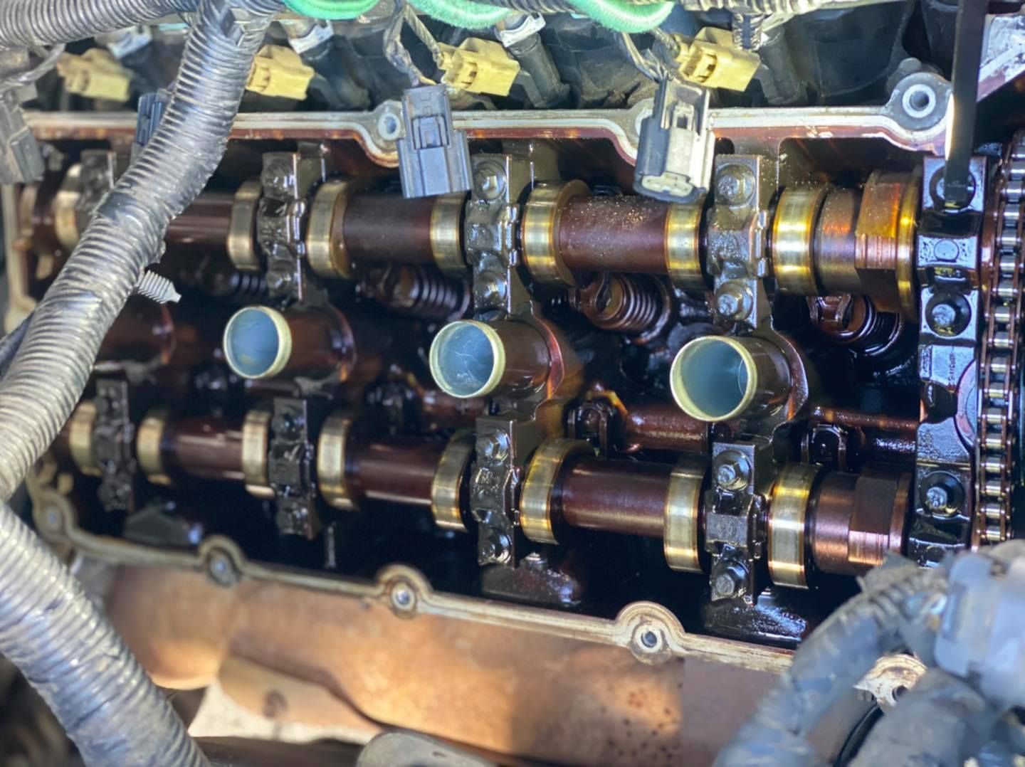 Engine valve train with exposed camshafts, covered in oil, inside a vehicle's engine bay.
