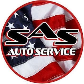 Logo for SAS Auto Service, in front of a US flag.