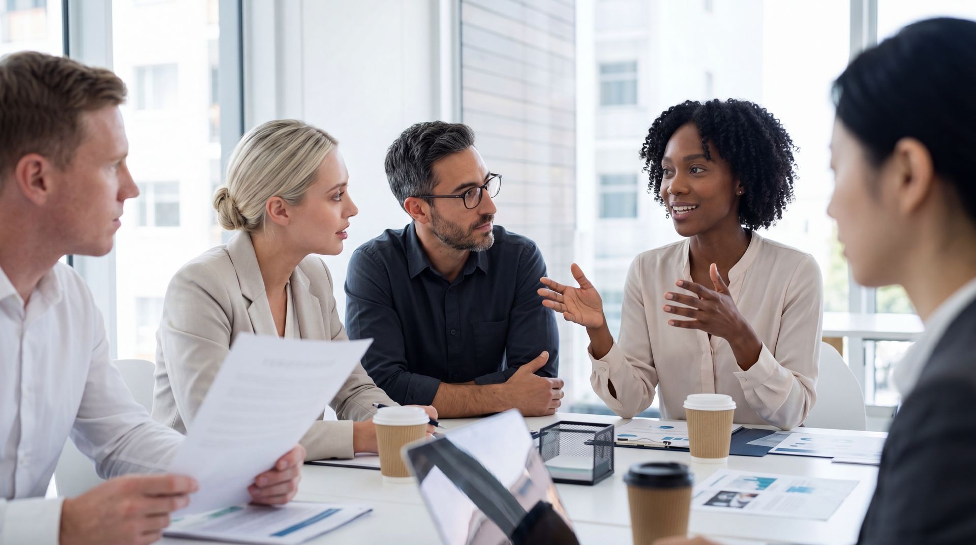 Team meeting in a bright office, with coworkers discussing documents around a table.