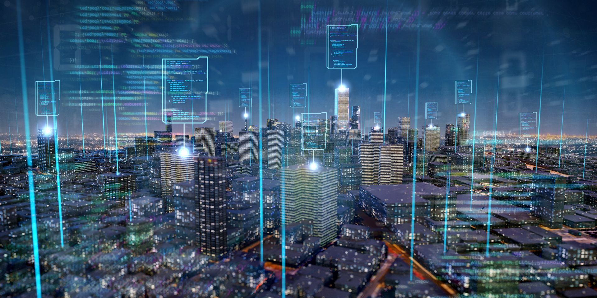 Cityscape with digital overlay, blue lines connecting buildings, representing data flow and technology.