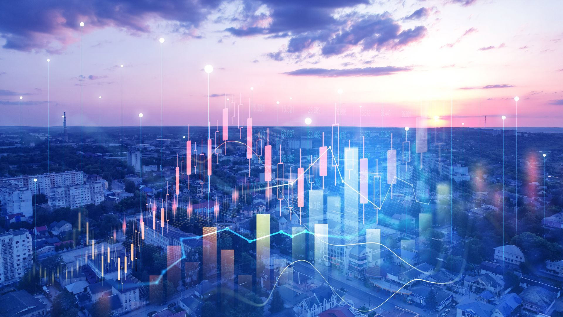 Cityscape with overlaid glowing financial bar chart at sunset.