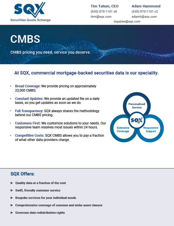 A brochure for sqx cmbs is shown on a white background.