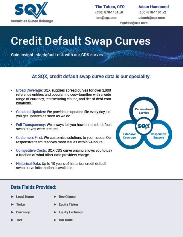 Brochure for Securities Quote Exchange credit default swap curves. Includes data fields, contact info, and a graphic.