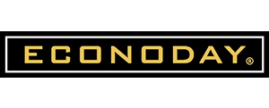 A black and gold logo for Econoday.