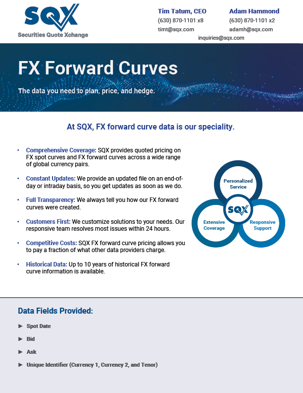 A blue flyer from SQX about FX Forward Curves, with details on data and services provided.