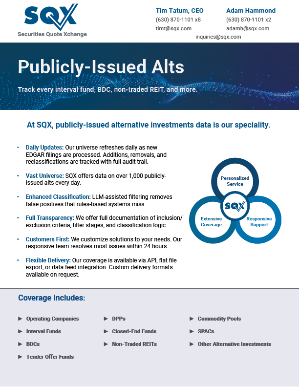 Publicly-Issued Alts finance flyer with blue header and SQX logo, listing coverage areas and benefits