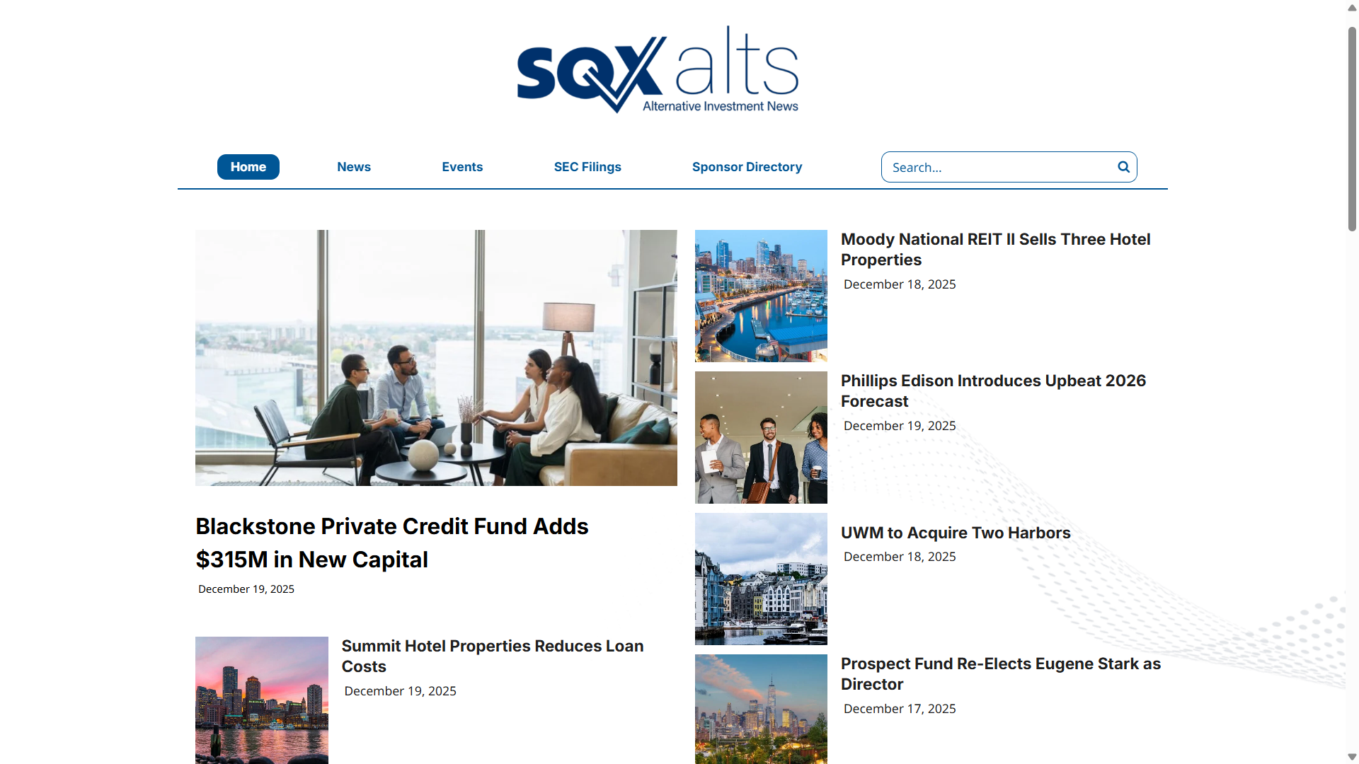 SQX alts website homepage. Headlines about private credit funds, events, and market insights.