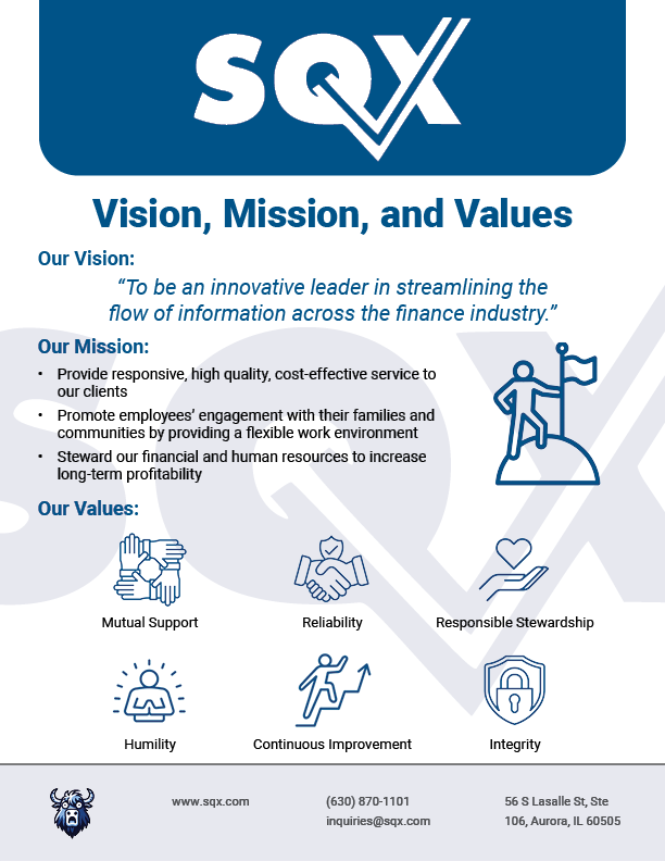 A poster for SQX that shows their vision, mission, and values.