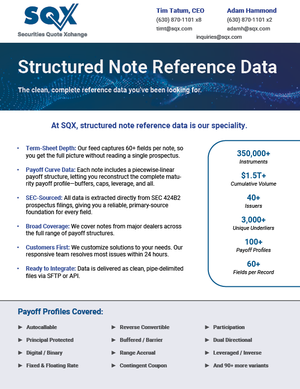 Brochure for Securities Quote Exchange featuring data fields and a description of services.