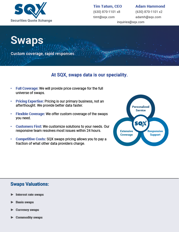 SQX swaps data flyer: Services including full coverage, flexible options, & competitive costs.