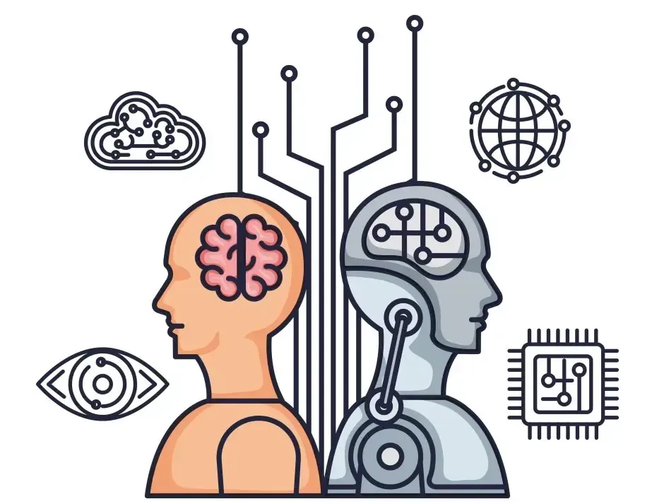 Cabeças humanas e de robôs com cérebro, conectadas por circuitos; símbolos de nuvem, rede global e chip.
