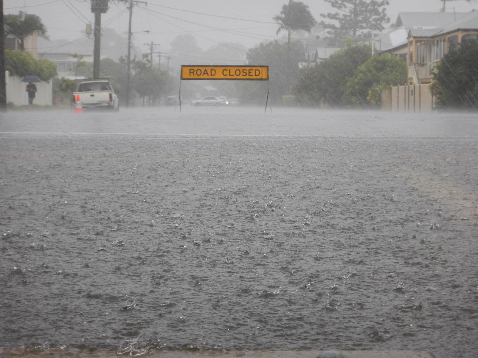 Flooded road during a heavy rainstorm