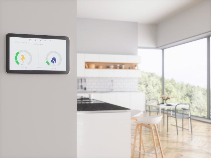 Smart home energy monitor on a wall in a kitchen
